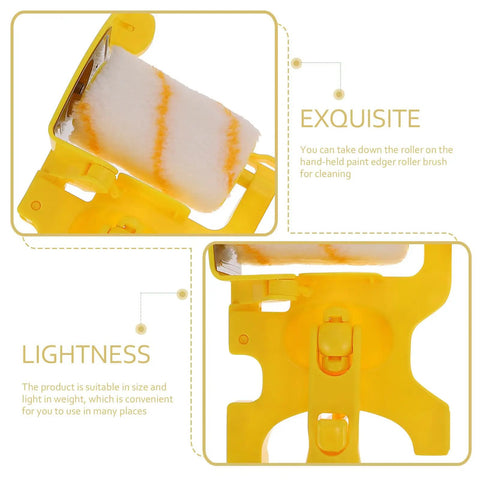 Yellow Corner Paint Roller Brush For Drywall And Door Frames Interior Walls Smooth No Sweat Finishing With Sturdy Grip Handle close-up showing removable foam pad.