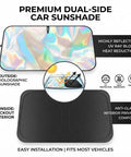 Kick Summer Heat To The Curb With This Sick Reflective Laser Windshield Sun Shade For Tesla Cybertruck Plus Cyberbeast 2023 Through 2026 Featuring A Foldable Durable Cover That Blocks Harsh Sunlight And Keeps Your Ride Ice Cold showing dual-side holographic sunshade with blackout interior.