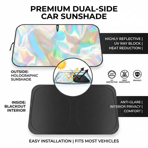 Kick Summer Heat To The Curb With This Sick Reflective Laser Windshield Sun Shade For Tesla Cybertruck Plus Cyberbeast 2023 Through 2026 Featuring A Foldable Durable Cover That Blocks Harsh Sunlight And Keeps Your Ride Ice Cold showing dual-side holographic sunshade with blackout interior.
