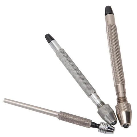 Slick 3-Pc Pin Vise Hand Drill Set for Watch Repair showing three metal clamps with rolling handles, precision tools for watchmakers.