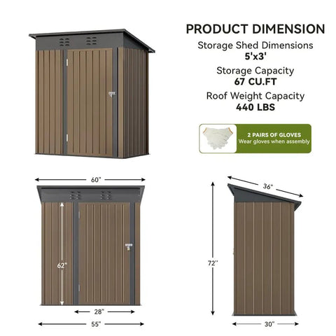 Dimensions and design of Durable Metal Outdoor Shed With Lockable Doors And Sloped Roof Air Vent 5x3 Ft Brown Garden Tool Storage