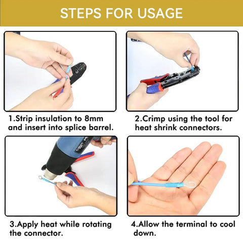 Steps for using Heat Shrink Ring Terminal Kit 100 Pcs Yellow 12 To 10 AWG Waterproof With Tinned Copper Barrels in four parts.