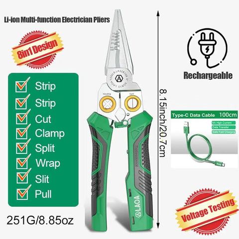 8 In 1 USB-C Rechargeable Electrician Pliers with Non Contact Voltage Tester, Wire Stripper and Cutter, Crimper shown.