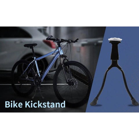 Double Leg Kickstand For Mountain And Road Bikes, Heavy Duty Bike Stand beside a parked bike in a garage.