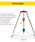 Portable Folding Aluminum Rescue Tripod For Tight Spaces Heavy Duty Fall Arrest Rig With Quick Winch Hookup and Lockdown Anti Drop Guard Gear Built Tough For No Sweat Job Sites with winch and adjustable legs.