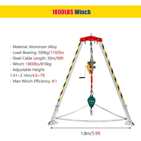 Portable Folding Aluminum Rescue Tripod For Tight Spaces Heavy Duty Fall Arrest Rig With Quick Winch Hookup and Lockdown Anti Drop Guard Gear Built Tough For No Sweat Job Sites with winch and adjustable legs.