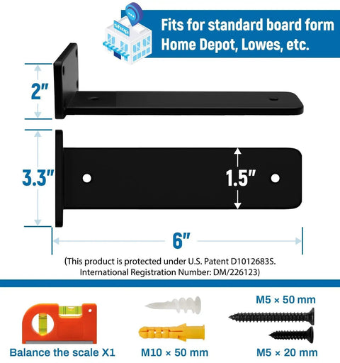 Diagram showing dimensions of Heavy Duty 6 Inch Floating Shelf Brackets Six Pack Rustic Industrial T Type Hidden Metal Brackets.