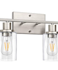 Modern Two Light Vanity Light Fixture In Brushed Nickel With Clear Glass Shades for over mirror bathroom, hallway, and bedroom use.