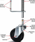 Heavy Duty 4 Inch Spring Loaded Gate Caster Wheel Automatic Height Adjustment 250 Lb Capacity with steel mounting bracket and PVC wheel.