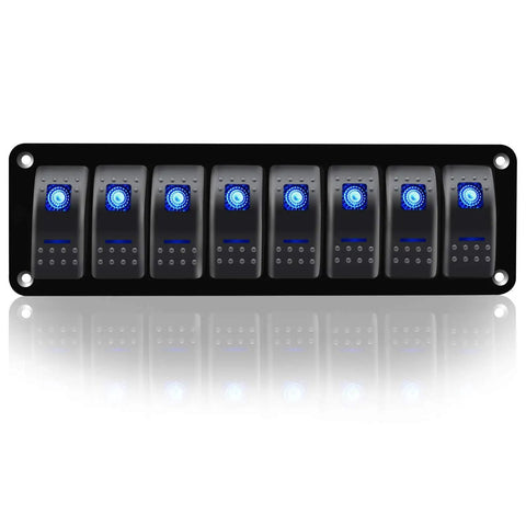 8 Gang Waterproof Rocker Switch Panel With Blue LED Backlight For 12V And 24V Boats Cars Trucks Marine RVs And Trailers