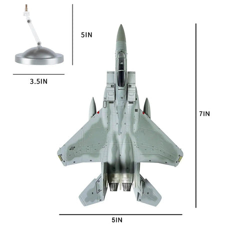 Top view of F 15 Eagle Diecast Fighter Plane 1 100 Scale Military Jet Model By Fairchild Republic, showing measurements