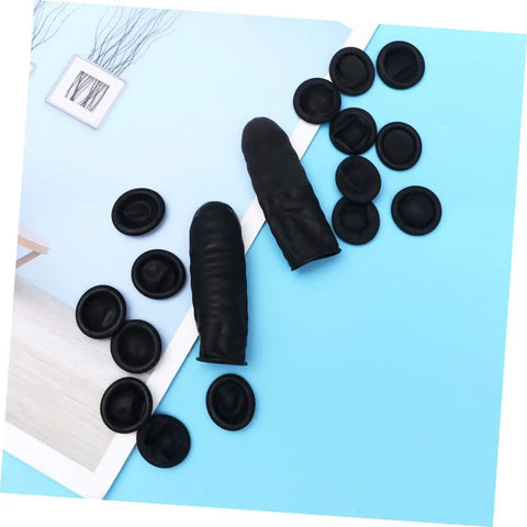 1000 Piece Black Latex Finger Sleeves Block Sneaky Sweat Smudges And Greasy Fingerprints From Messing With Pristine Hardware For Tough Shop Floor Crews And Weekend Gearheads Fixing Tight Builds on a blue background.