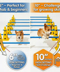 Dog Agility Training Kit with 12 cone hurdles and adjustable jump bars, Corgi demonstrating low and high settings for various skills