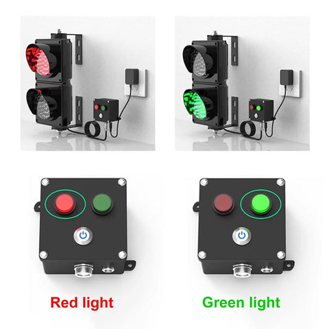 Industrial Led Traffic Stop Light With Bright Red And Green Lenses Plug And Play Toggle Switch For Loading Bays displayed with controls.