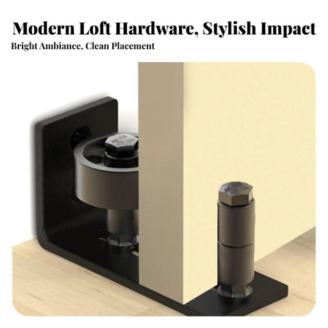 Heavy Duty Barn Door Floor Guide With Roller Adjustable Steel Track For Hella Smooth Sliding Action No Sweat Install close-up of matte black steel track with roller.