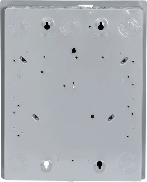 Back view of Homeline 100 Amp Indoor Main Breaker Box Load Center With Plug On Neutral, 12 Space 24 Circuit, UL Listed panel