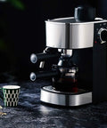 Single Serve Coffee Maker With 5 Bar Pressure Semi Auto Espresso Brewer for easy daily sips, compact design with black and silver finish.