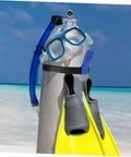 Scuba tank with mask and flippers at beach secured by Neoprene Scuba Tank Belt With Secure Hold For Dive Gear Grab And Go Comfort.
