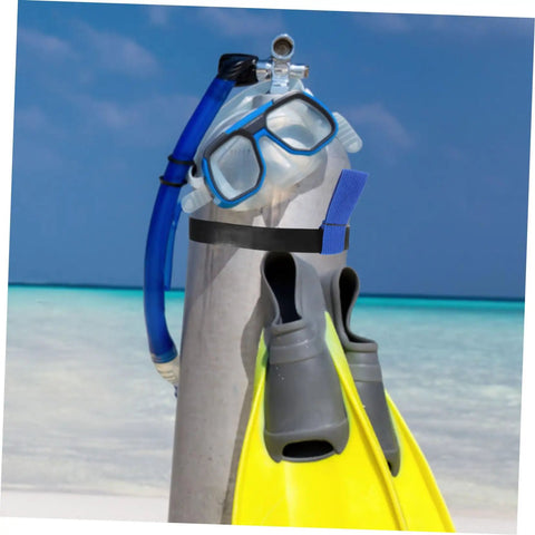 Scuba tank with mask and flippers at beach secured by Neoprene Scuba Tank Belt With Secure Hold For Dive Gear Grab And Go Comfort.