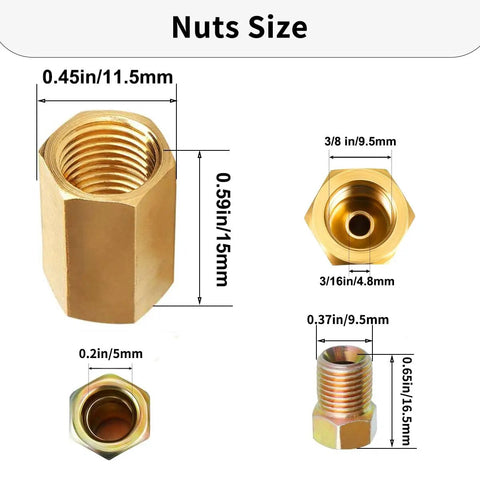 Heavy Duty Brake Line Fittings Kit For 3/16 Inch Tube With 5 Inverted Flare Unions And 10 Nuts, 3/8-24 Threads, brass nuts size chart