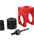 Super Cool Wooden Door Lock Installation Kit With Carbon Steel Saw Blades And Guide Template For Easy Deadbolt Setup On Doors, Fits Multiple Sizes. Red guide template, black hole saws and drill bit