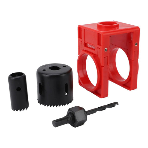 Super Cool Wooden Door Lock Installation Kit With Carbon Steel Saw Blades And Guide Template For Easy Deadbolt Setup On Doors, Fits Multiple Sizes. Red guide template, black hole saws and drill bit