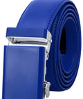 Genuine Leather Ratchet Dress Belt With Automatic Buckle, 33mm Buckle, 1.25 Inch Strap, coiled blue belt with shiny buckle