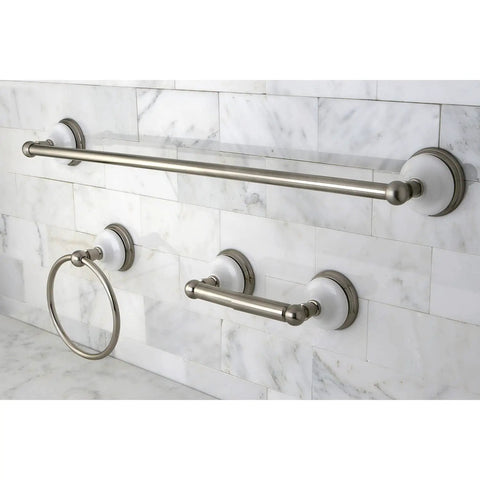 Victorian 3 Piece Towel Bar Towel Ring And Toilet Paper Holder Bathroom Hardware Set In Brushed Nickel on marble wall
