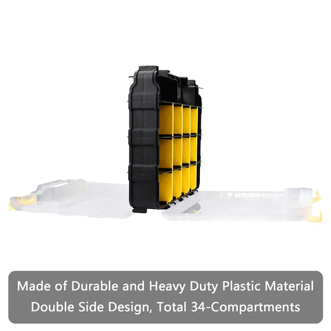 Double Sided 34 Compartment Tool Organizer Box With Removable Dividers for screws nuts bolts nails transparent lid open