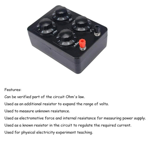 Resistance box with five dials in a black plastic case and red/black banana plug terminals.