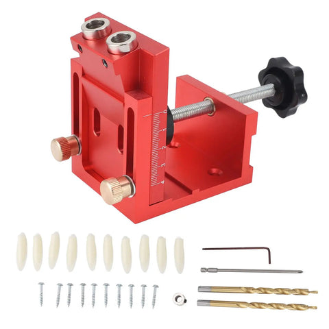 Pocket Hole Jig Kit For Woodworking With Precision Joint Angle Locator, shown with accessories for inclined hole drilling