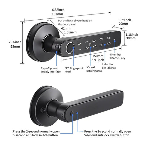 Smooth Operator Fingerprint Door Lock Handle Deadbolt With App Control Digital Password And Ic Card Access For Total Home Security Glow Up Quick Install Keyless Entry System, detailed measurements and interfaces