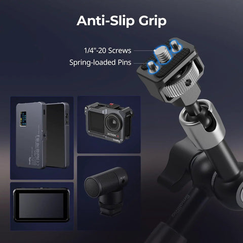 Close-up of 7 Inch Magic Arm With 1/4-20 Screws And Spring Loaded Pins 1.5 Kg Load Capacity 360 Degree Dual Ball Head Non Slip Design