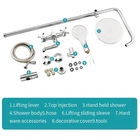 UMJIGF 8 Inches Shower System Brass Chrome Shower Faucet Set Wall Mounted Multi-Functional components including hoses, fixtures, and accessories.