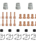 Pro-Grade Plasma Cutter Torch Consumables Kit For 65L Series, 33-Piece Set with electrodes, nozzles, and shield cups arranged
