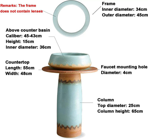 Killer Vintage Ceramic Pedestal Sink Slick Blue Hand Carved Washbasin Industrial Style with detailed measurements and features.