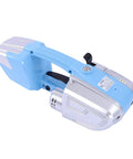 Heavy Duty Handheld Battery Electric Strapping Machine For Plastic Bands And Steel Belts, Tightens Up To 2800N With Friction Seal, Fast Pack Tool For Shipping Boxes And Warehouse Storage, Blue, side view.