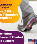 Side view of shoe with Ninjas Plantar Fasciitis Relief Insoles With Arch Support Podiatrist Designed Orthotics Made In The USA