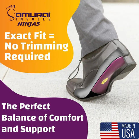Side view of shoe with Ninjas Plantar Fasciitis Relief Insoles With Arch Support Podiatrist Designed Orthotics Made In The USA