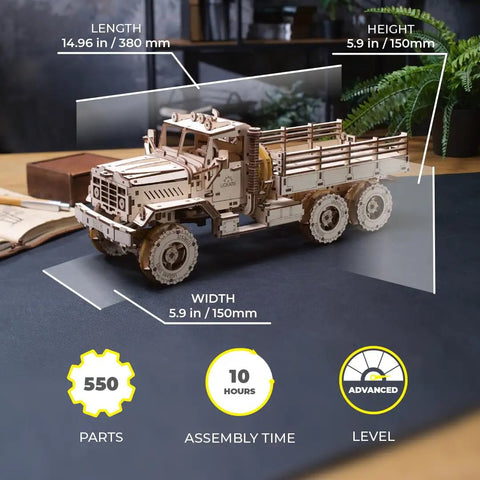 Cargo Truck 3D Puzzle Kit For Adults With Spring Powered Mechanics, Realistic Wooden Model Truck Build Featuring Three Axles And Differentials, Brain Teaser Hobby Set For Makers And Auto Enthusiasts, 380mm x 150mm