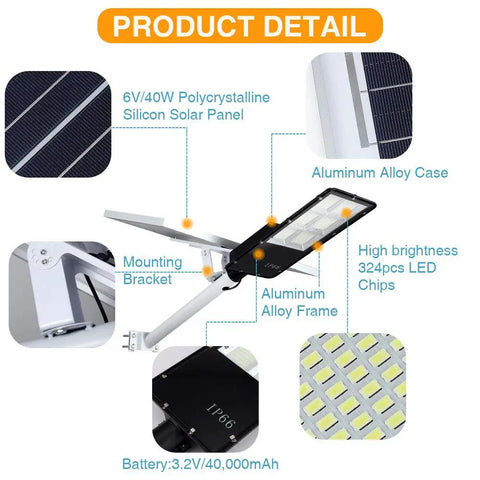 Product details of Beast Mode Bright 300W Solar Street Light with Remote Control, showing parts like solar panel and LED chips.