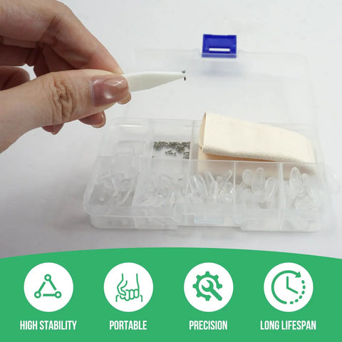 Person using tweezers from the Eyeglasses And Sunglasses Repair Kit With Screws Nose Pads Magnetic Screw Assortment Precision Screwdrivers
