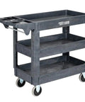 Side view of Heavy Duty Plastic Utility Cart With Wheels 550 Lb Capacity Three Tier Rolling Storage Organizer For Garage Warehouse And Industrial Use Built Tough Workhorse On Wheels.