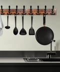 Kitchen with Rustic Wood Wall Mounted Coat Rack With Eight Black Tri Hook Rails, 31 Inch Long Entryway Organizer for utensils