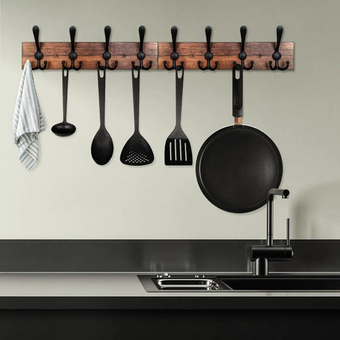 Kitchen with Rustic Wood Wall Mounted Coat Rack With Eight Black Tri Hook Rails, 31 Inch Long Entryway Organizer for utensils