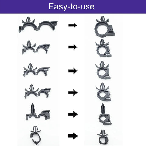 Universal Wire Loom Clips Kit For Cars And Trucks 60 Pieces Replacement Wiring Harness Clips shown in assembly steps.