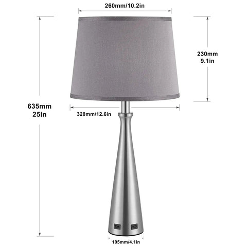 Set Of 2 Modern Industrial Table Lamps For Bedroom With 3 Way Dimmable Touch Control, Dual USB Charging Ports, 25 Inch Tall Gray Fabric Shade Bedside Lamps For Bedroom Or Living Room, LED Bulbs Included with gray fabric shade