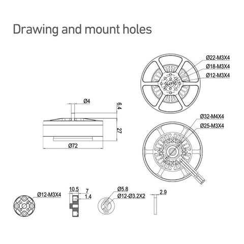 Technical drawing of Beefy Brushless Drone Motor for Multirotors 150KV to 400KV, showing dimensions and mount holes.