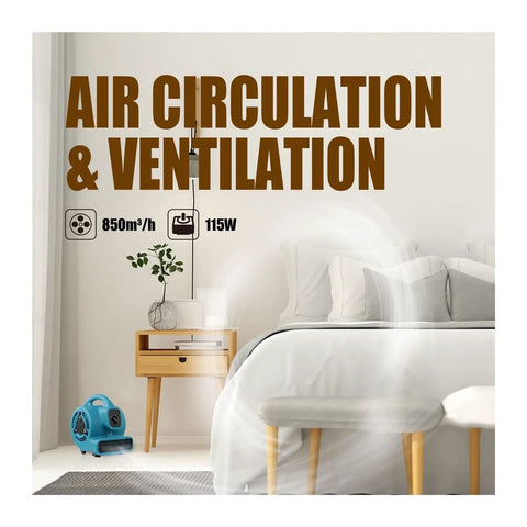 Heavy Duty Industrial Air Mover And Carpet Dryer Fan on a floor, showcasing air circulation & ventilation features.
