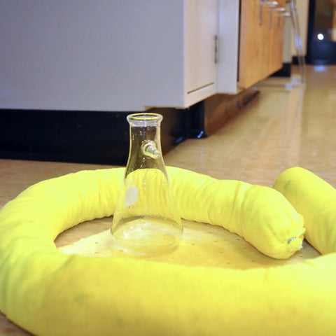 Hazmat Spill Kit In Reusable Bucket With 10 Yellow Pads, 3 Absorbent Socks 3 By 4 containing chemical spill in lab environment